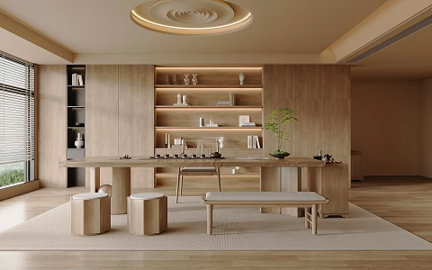 New Chinese Style Tea Room Solid Wood Tea Table and Chair Combination Tea Table Tea Table Mobile Tea Cabinet Decorative Tea Cabinet Solid Wood Low Stool Tea Set Supplies Shutters Potted Plant 3d model