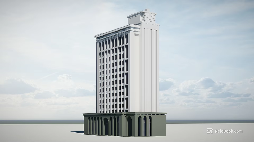 High Rise Residential Building With White Exterior And Arched Base Structure 3d model 