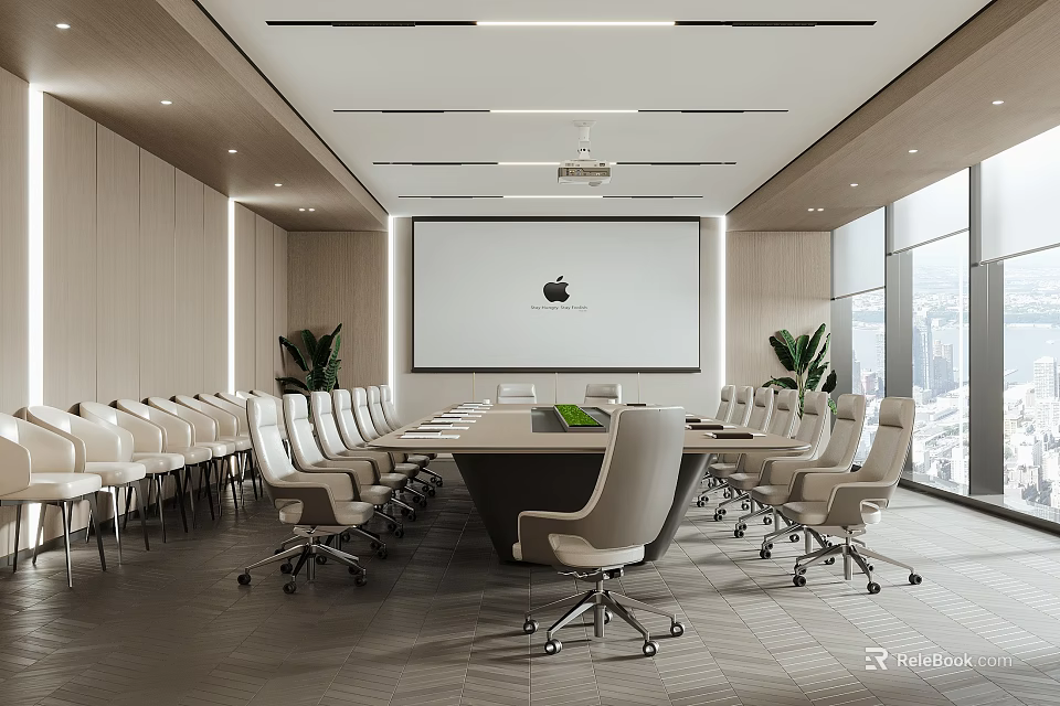 Modern Conference Room Interior With Long Table White Chairs Projection Screen Plants And City View Windows 3d model 