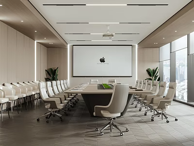 Modern Conference Room Interior With Long Table White Chairs Projection Screen Plants And City View Windows 3d model