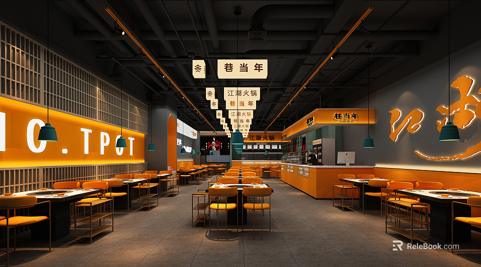 Modern Hotpot Restaurant Interior With Orange Dining Area And Hanging Lights 3d model 
