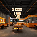 Modern Hotpot Restaurant Interior With Orange Dining Area And Hanging Lights