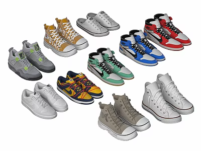 Various Casual Sneakers In Multiple Colors Including High Top And Low Top Styles 3d model