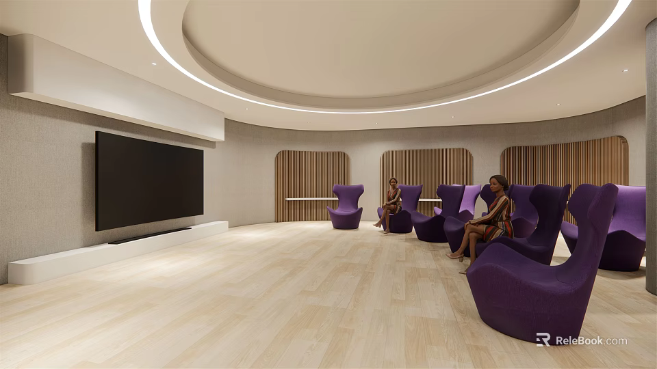 Modern Home Theater Room Interior With Large Screen TV Purple Chairs And Wooden Flooring 3d model 