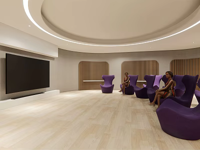 Modern Home Theater Room Interior With Large Screen TV Purple Chairs And Wooden Flooring 3d model