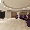Modern Home Theater Room Interior With Large Screen TV Purple Chairs And Wooden Flooring