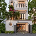 Stylish Two Story Detached Villa With White Exterior Balcony Flowers Arched Entrance And Green Trees