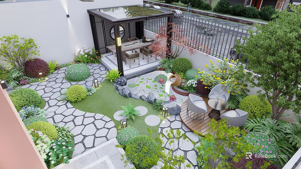 Beautiful Garden Courtyard Design With Stone Paved Paths Lush Green Plants And Wooden Gazebo 3d model 