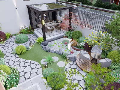 Beautiful Garden Courtyard Design With Stone Paved Paths Lush Green Plants And Wooden Gazebo 3d model
