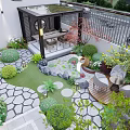 Beautiful Garden Courtyard Design With Stone Paved Paths Lush Green Plants And Wooden Gazebo