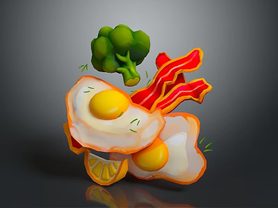 Colorful Cartoon Scene of Fried Eggs with Bacon Broccoli and Lemon Slices 3d model
