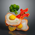 Colorful Cartoon Scene of Fried Eggs with Bacon Broccoli and Lemon Slices