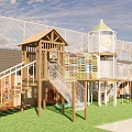 Outdoor Wooden Playground Equipment Featuring Stairs Slide Tower White Mesh Fence and Green Lawn