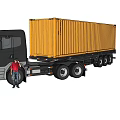 Black Container Truck With Yellow Cargo Container And Man Standing Beside