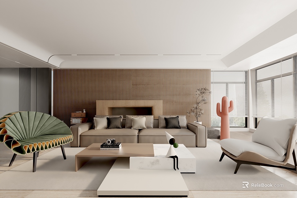 Modern Living Room Interior With Wooden Wall Sofa Coffee Table And Green Plant 3d model 