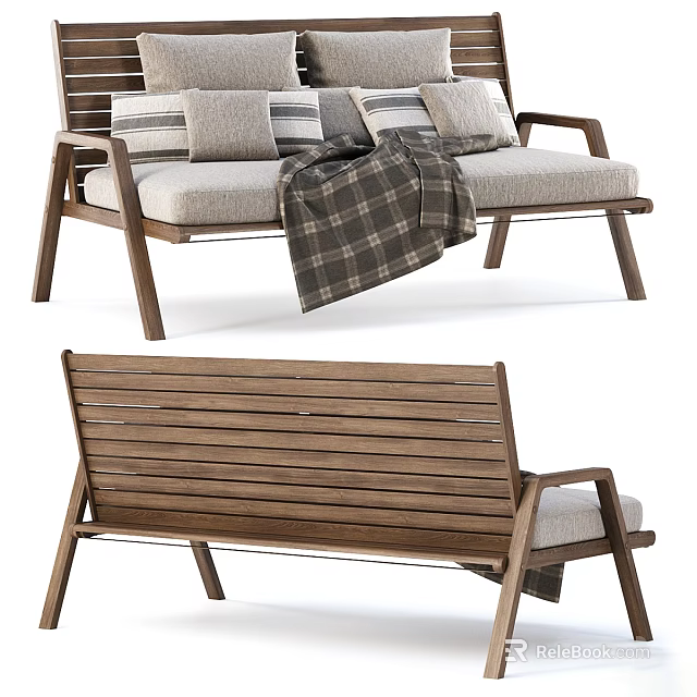 Modern Wooden Outdoor Bench With Slatted Design Comfortable Cushions And Plaid Blanket 3d model 