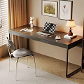 Modern Desk Setup With Chair Lamp Books Coffee Cup Plant And Framed Pictures By Window