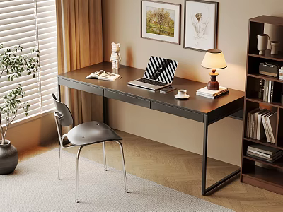 Modern Desk Setup With Chair Lamp Books Coffee Cup Plant And Framed Pictures By Window 3d model