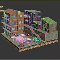 Miniature Model Scene With Colorful Multi Story Buildings Red Car Outdoor Tables And Tree