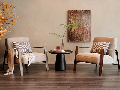 Cozy Leisure Chairs With Striped Cushions Wooden Frame Small Round Table And Neutral Wall Decor 3d model
