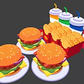 Fresh Juicy Hamburgers With Crispy French Fries Drink Cups And Sauce Containers