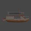 Vintage Double Deck Ship With Canopy Roof Metal Staircase Wooden Railing And Brick Walls