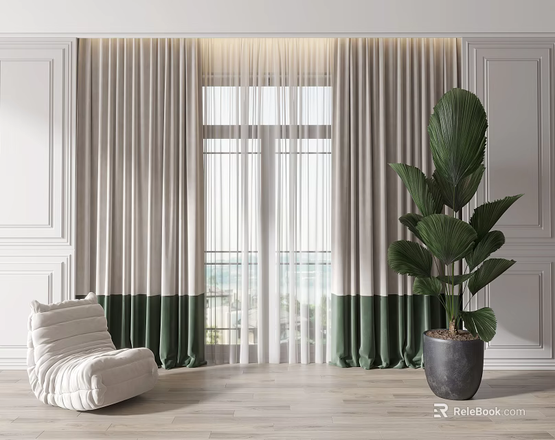 Beige And Green Curtains By Window With White Chair And Large Green Plant 3d model 