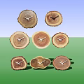 Seven Different Shaped Wooden Stump Clocks With Metal Hands On Black Background