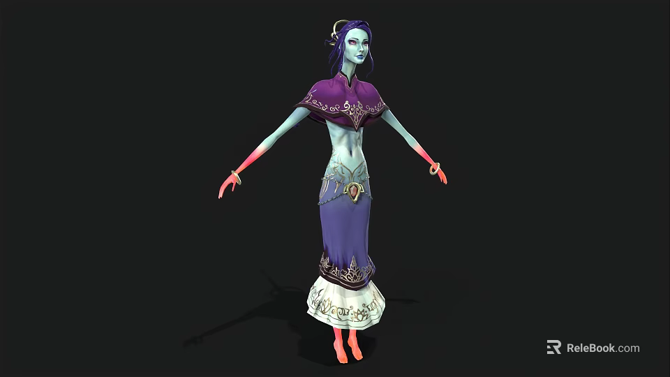Woman With Purple Hair And Teal Skin In Purple Dress With White Decorative Bottom 3d model 
