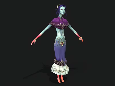 Woman With Purple Hair And Teal Skin In Purple Dress With White Decorative Bottom 3d model