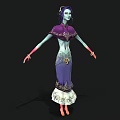 Woman With Purple Hair And Teal Skin In Purple Dress With White Decorative Bottom