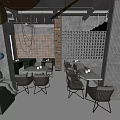 Modern Industrial Style Bar Interior With Grid Wall Pendant Lights And Dining Tables And Chairs