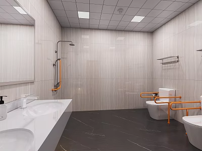 Modern Other Restroom Interior with Light Tiled Walls Dark Floor White Sink Mirror and Toilet 3d model