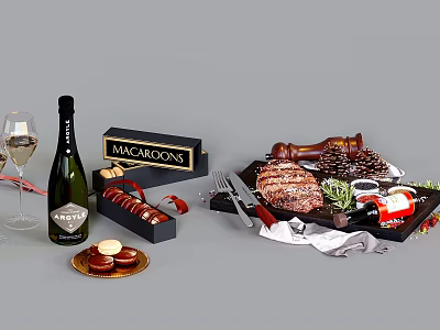Delicious Gourmet Food Assortment With Grilled Steak Macaroons Chocolate Treats And Fresh Rosemary 3d model