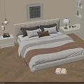 Modern Double Bed with Beige Striped Bedding Wooden Floor Light Rug Wall Art Nightstand Lamp
