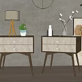 Modern Wooden Bedside Tables with Drawers Table Lamp and Potted Plant on Decorative Wall Background