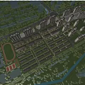 Aerial Urban Planning Night View With Illuminated Buildings Roads And Waterbody