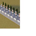 Row Of Neatly Aligned Stone Monuments With Trees On Grass Walkway 3d model
