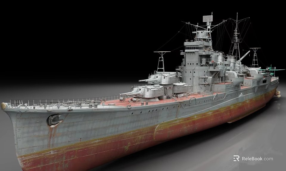Vintage Warship With Rusted Gray And Red Hull Superstructure Masts And Turret 3d model 