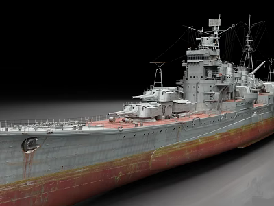 Vintage Warship With Rusted Gray And Red Hull Superstructure Masts And Turret 3d model