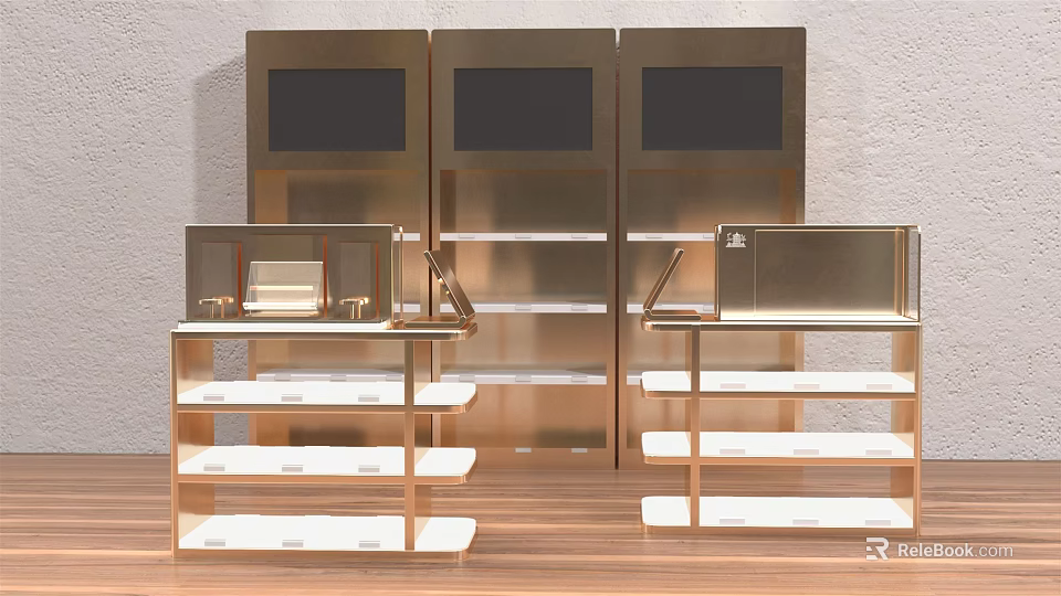 Metal Multi Tiered Display Shelves And Glass Showcase Cabinets For Retail Stores 3d model 