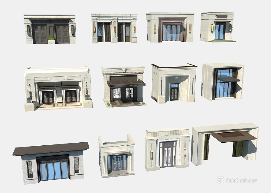 Entry Doors With Various Architectural Designs And Decorative Stone Glass Elements 3d model 