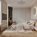 Elegant Bedroom Interior Design With Upholstered Bed Circular Lit Decorative Wall And Ornate Ceiling