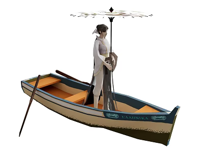 Traditional Wooden Boat with Person in Traditional Attire Holding Umbrella and Oar 3d model