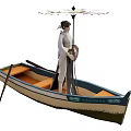 Traditional Wooden Boat with Person in Traditional Attire Holding Umbrella and Oar
