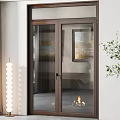Brown Wooden Double Doors With Glass Panels Revealing Fireplace In Room