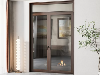 Brown Wooden Double Doors With Glass Panels Revealing Fireplace In Room 3d model