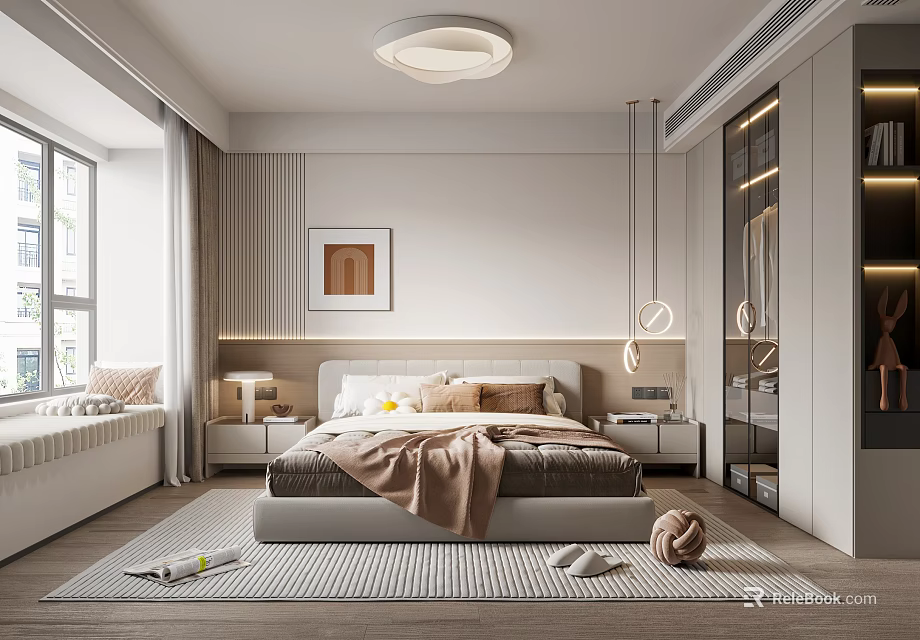 Modern Bedroom Interior With Framed Art Ceiling Light Rug And Nightstands 3d model 