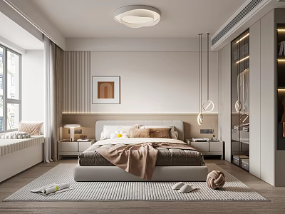 Modern Bedroom Interior With Framed Art Ceiling Light Rug And Nightstands 3d model