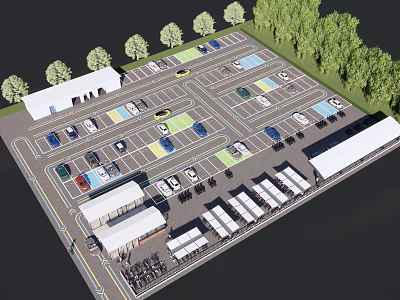 Modern Spacious Parking Lot With Multiple Parking Spaces Parked Vehicles And Green Trees 3d model